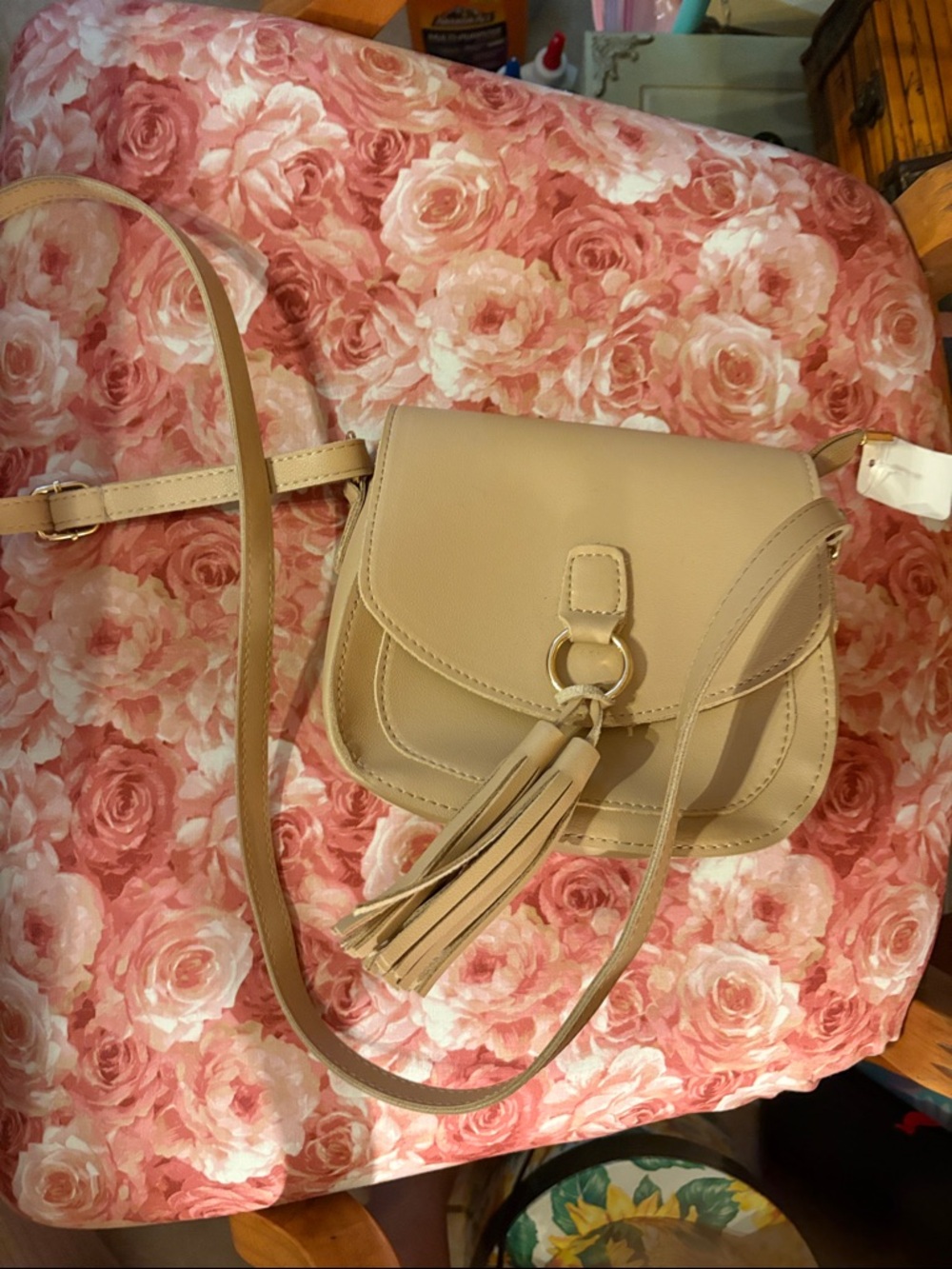 Beige Crossbody Saddle Bag with Tassel - Women's Shoulder Bag